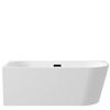 Left-corner freestanding bathtub Balneo AVOLA 150 × 75 cm, white acrylic with stainless steel frame and 6 stabilizing feet, black overflow and plug