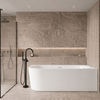 Freestanding bathtub corner right Balneo AVOLA NO RIM 150 x 75 cm white acrylic with frame made of stainless steel and 6 stabilizing legs with overflow and white plug