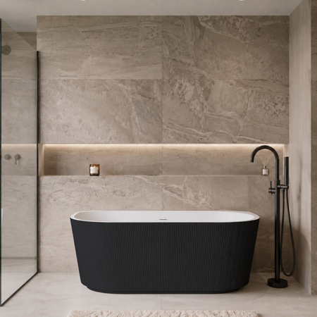 Freestanding bathtub wall-mounted Balneo VIVA fluted 160 x 75 cm white black acrylic with frame made of stainless steel and 6 stabilizing legs with overflow and white plug