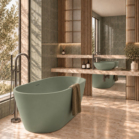 Freestanding bathtub VALIA Solid Surface Pistachio Cream with siphon and plug