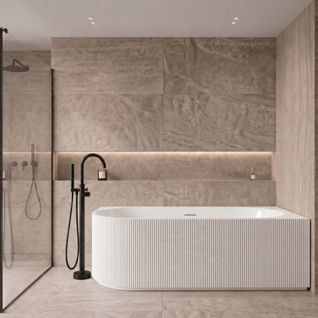 Wanna wolnostojąca narożna prawa Balneo AVOLA ryflowana NO RIM 170 x 80 cm biała akrylowa z ramą ze stali nierdzewnej i 6 nóżkami stabilizującymi z przelewem i białym korkiem