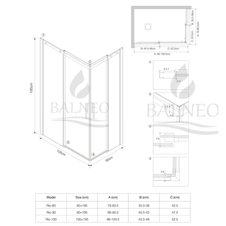 Shower enclosure sliding Balneo Rio 80 x 100 cm black transparentna