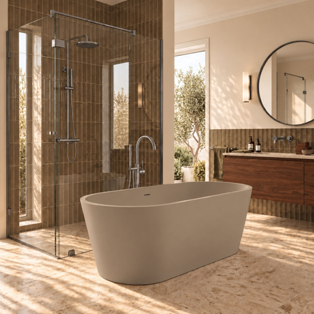 Freestanding bathtub VALIA Solid Surface Mocca Mousse with siphon and plug