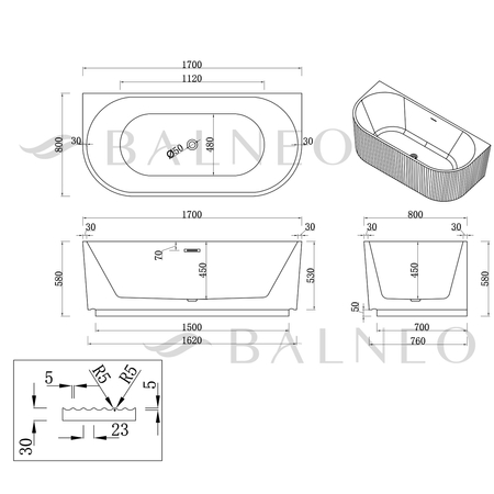 Wanna wolnostojąca przyścienna Balneo VIVA ryflowana 170 x 80 cm biało szara akrylowa z ramą ze stali nierdzewnej i 6 nóżkami stabilizującymi z przelewem i białym korkiem