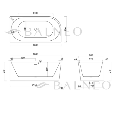 Corner right freestanding bathtub Balneo Avola 160 x 80 cm white acrylic with a stainless steel frame and 6 stabilizing legs with a mirror gold overflow and drain