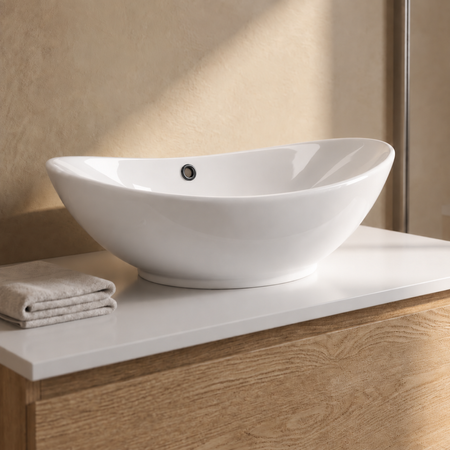 Balneo Zerra 59 × 39 cm white ceramic countertop basin with black overflow.