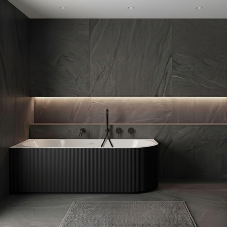 Freestanding bathtub corner left Balneo AVOLA fluted NO RIM 160 x 75 cm white black acrylic with frame made of stainless steel and 6 stabilizing legs with overflow and white plug
