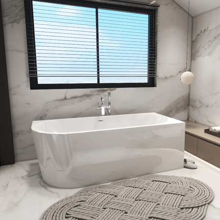 Right corner freestanding bathtub Balneo Avola 170 x 80 cm white acrylic with stainless steel frame and 6 stabilizing legs with chrome overflow and drain plug