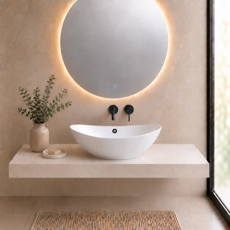 Balneo Zerra 59 × 39 cm white ceramic countertop basin with black overflow.