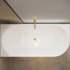 Freestanding corner bathtub left Balneo Avola 170 x 80 cm white acrylic with stainless steel frame and 6 stabilizing legs with overflow and mirror gold drain