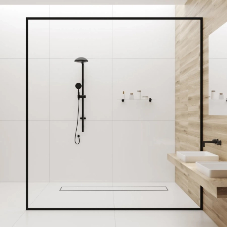 Odpływ liniowy podłogowy Balneo Duplex Next Inox 110 cm dwustronny ze stali nierdzewnej szczotkowanej z niskim syfonem i głębokim osadnikiem