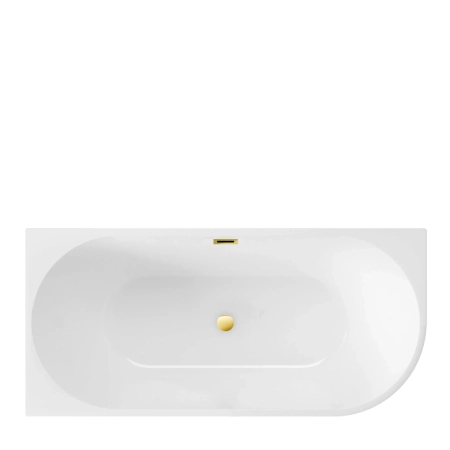 Freestanding corner bathtub left Balneo Avola 160 x 80 cm white acrylic with stainless steel frame and 6 stabilizing legs with overflow and mirror gold drain