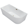Freestanding left-hand corner bathtub “Balneo AVOLA” 150 × 75 cm, white acrylic, with stainless steel frame and six stabilizing feet, featuring a gold overflow and drain plug.
