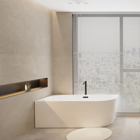 Left-corner freestanding bathtub Balneo AVOLA 150 × 75 cm, white acrylic with stainless steel frame and 6 stabilizing feet, black overflow and plug