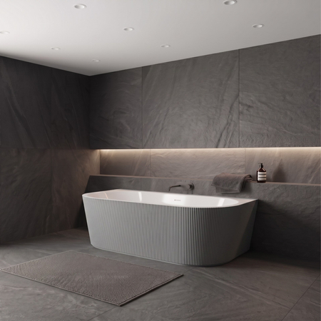 Freestanding bathtub wall-mounted Balneo VIVA fluted 150 x 75 cm white grey acrylic with frame made of stainless steel and 6 stabilizing legs with overflow and white plug