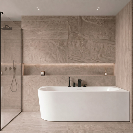 Freestanding bathtub corner right Balneo AVOLA PLUS NO RIM 160 x 75 cm white acrylic with frame made of stainless steel and 6 stabilizing legs with overflow and white plug