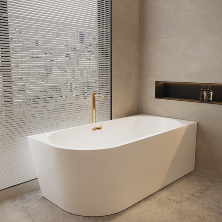 Right Corner Freestanding Bathtub Balneo AVOLA 170 x 80 cm White Acrylic with Stainless Steel Frame and 6 Stabilizing Legs with Overflow and Copper Drain