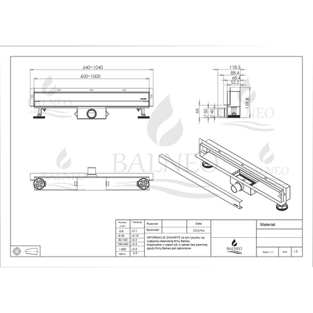 Odpływ liniowy ścienny Balneo W-Drain NEXT 2w1 60 cm inox dwustronny