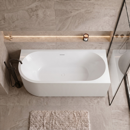 Freestanding bathtub corner right Balneo AVOLA fluted NO RIM 170 x 80 cm white acrylic with frame made of stainless steel and 6 stabilizing legs with overflow and white plug