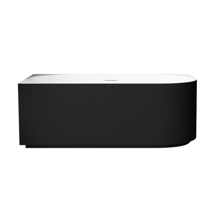 Freestanding bathtub corner left Balneo AVOLA fluted NO RIM 150 x 75 cm white black acrylic with frame made of stainless steel and 6 stabilizing legs with overflow and white plug