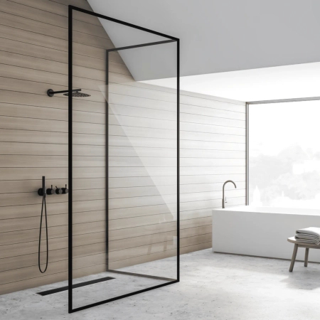 Odpływ liniowy podłogowy Balneo G-Drain Next Double Dark 90 cm czarny z panelem ze szkła hartowanego z niskim syfonem i głębokim osadnikiem