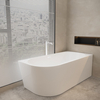 Balneo AVOLA Right-Hand Freestanding Corner Bathtub 150 × 75 cm, White Acrylic with Stainless Steel Frame and 6 Stabilizing Legs, with Overflow and White Plug.