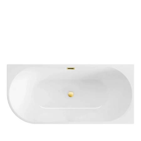 Corner right freestanding bathtub Balneo Avola 160 x 80 cm white acrylic with a stainless steel frame and 6 stabilizing legs with a mirror gold overflow and drain