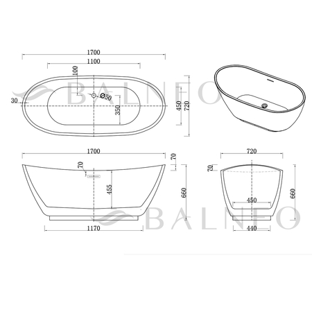 Wanna wolnostojąca Balneo PARMA NO RIM 170 x 72 cm biało czarna akrylowa z ramą ze stali nierdzewnej i 6 nóżkami stabilizującymi z przelewem i białym korkiem