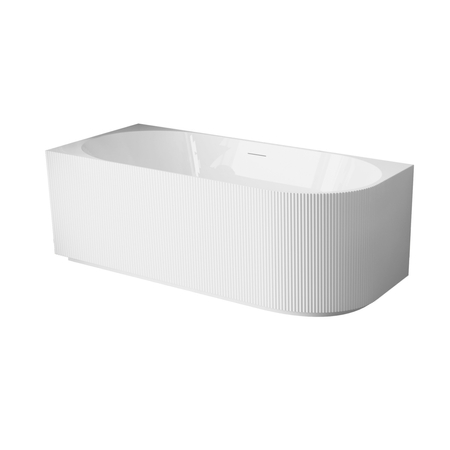 Wanna wolnostojąca narożna lewa Balneo AVOLA ryflowana NO RIM 160 x 75 cm biała akrylowa z ramą ze stali nierdzewnej i 6 nóżkami stabilizującymi z przelewem i białym korkiem