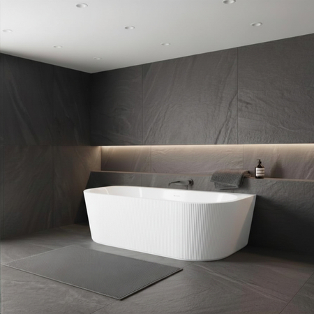 Freestanding bathtub wall-mounted Balneo VIVA fluted NO RIM 160 x 75 cm white acrylic with frame made of stainless steel and 6 stabilizing legs with overflow and white plug