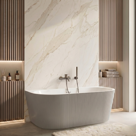 Freestanding bathtub wall-mounted Balneo VIVA fluted 150 x 75 cm white grey acrylic with frame made of stainless steel and 6 stabilizing legs with overflow and white plug