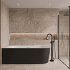 Freestanding bathtub corner left Balneo AVOLA NO RIM 150 x 75 cm white black acrylic with frame made of stainless steel and 6 stabilizing legs with overflow and white plug