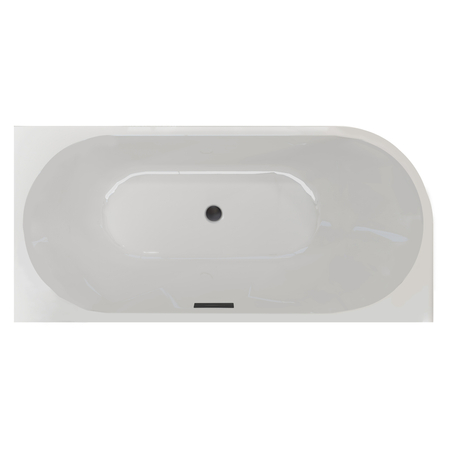 Balneo AVOLA 150 × 75 cm Right-Hand Freestanding Corner Bathtub, White Acrylic with Stainless Steel Frame and 6 Stabilizing Feet, featuring a Black Overflow and Drain Plug