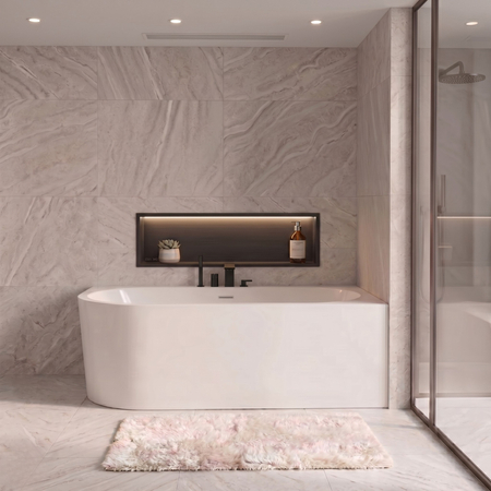 Freestanding bathtub corner right Balneo AVOLA PLUS NO RIM 160 x 75 cm white acrylic with frame made of stainless steel and 6 stabilizing legs with overflow and white plug