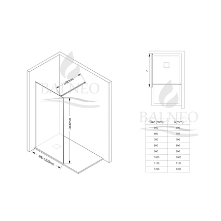 Shower screen Balneo Beira 60 x 200 cm gold glass transparent 8 mm