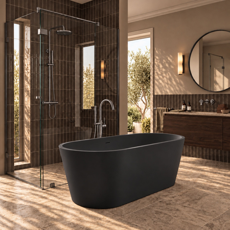 Wanna wolnostojąca VALIA Solid Surface Carbon Black z syfonem i korkiem