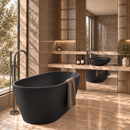 Wanna wolnostojąca VALIA Solid Surface Carbon Black z syfonem i korkiem