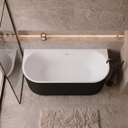 Freestanding bathtub wall-mounted Balneo VIVA fluted 150 x 75 cm white black acrylic with frame made of stainless steel and 6 stabilizing legs with overflow and white plug