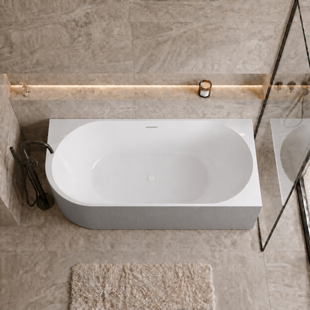 Wanna wolnostojąca narożna prawa Balneo AVOLA ryflowana NO RIM 170 x 80 cm biało szara akrylowa z ramą ze stali nierdzewnej i 6 nóżkami stabilizującymi z przelewem i białym korkiem