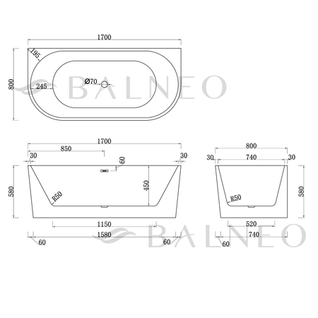 Balneo VIVA wall-mounted freestanding bathtub, white, 170 x 80 cm, acrylic, with stainless steel frame and 6 stabilizing legs, overflow, and chrome click-clack drain