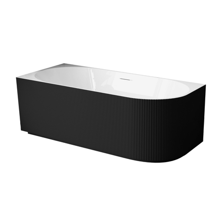 Wanna wolnostojąca narożna lewa Balneo AVOLA ryflowana NO RIM 160 x 75 cm biało czarna akrylowa z ramą ze stali nierdzewnej i 6 nóżkami stabilizującymi z przelewem i białym korkiem
