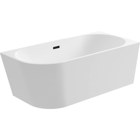 Balneo AVOLA 150 × 75 cm Right-Hand Freestanding Corner Bathtub, White Acrylic with Stainless Steel Frame and 6 Stabilizing Feet, featuring a Black Overflow and Drain Plug