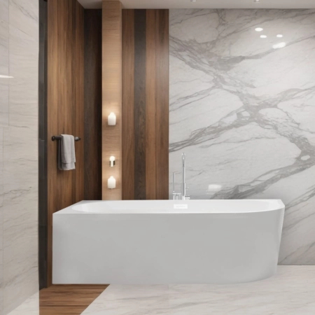 Left corner freestanding bathtub Balneo AVOLA 170 x 80 cm white acrylic with a stainless steel frame and 6 stabilizing legs, featuring a white overflow and drain