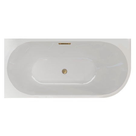 Freestanding left-hand corner bathtub “Balneo AVOLA” 150 × 75 cm, white acrylic, with stainless steel frame and six stabilizing feet, featuring a gold overflow and drain plug.