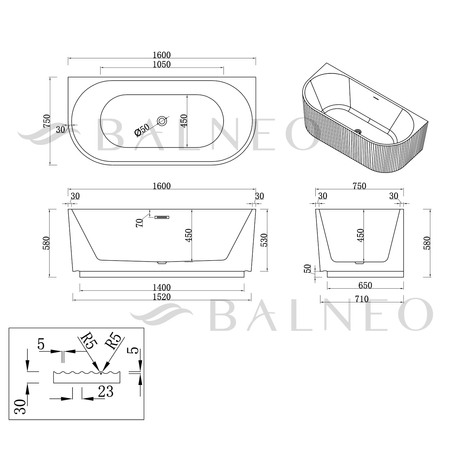 Wanna wolnostojąca przyścienna Balneo VIVA ryflowana 160 x 75 cm biało szara akrylowa z ramą ze stali nierdzewnej i 6 nóżkami stabilizującymi z przelewem i białym korkiem