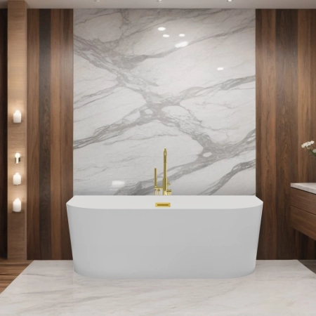 Balneo VIVA wall-mounted freestanding bathtub, white, 170 x 80 cm, acrylic, with stainless steel frame and 6 stabilizing legs, overflow, and mirror gold click-clack drain