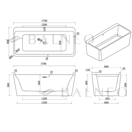 Freestanding bathtub Balneo ROMA NO RIM 170 x 80 cm white grey acrylic with frame made of stainless steel and 6 stabilizing legs with overflow and white plug