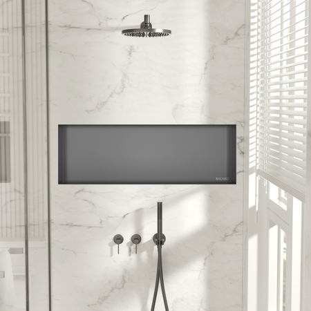 Balneo Wall Box No-Rim Gun Metal Recessed Shelf 90 × 30 × 10 cm, Brushed Stainless Steel, Collar-Free