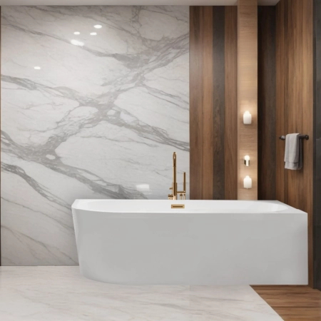 Right corner freestanding bathtub Balneo AVOLA 160 x 80 cm white acrylic with a stainless steel frame and 6 stabilizing legs, featuring a copper overflow and drain