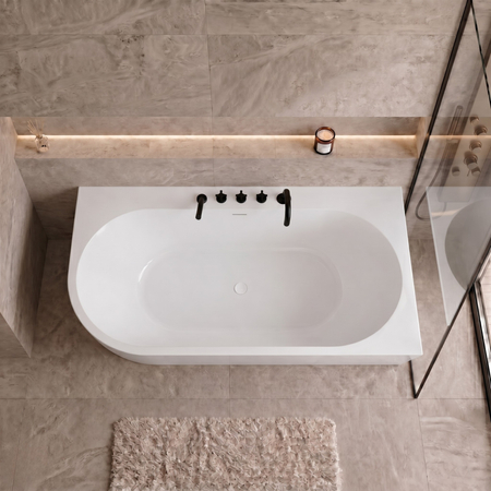 Freestanding bathtub corner right Balneo AVOLA PLUS NO RIM 160 x 75 cm white acrylic with frame made of stainless steel and 6 stabilizing legs with overflow and white plug